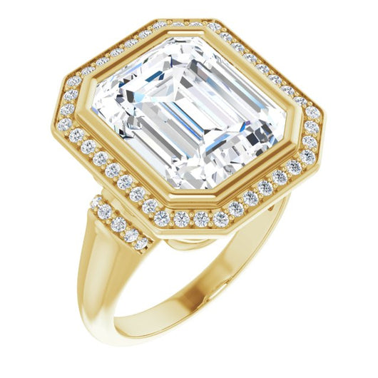 10K Yellow Gold Customizable Bezel-set Emerald/Radiant Cut Design with Halo and Vertical Round Channel Accents