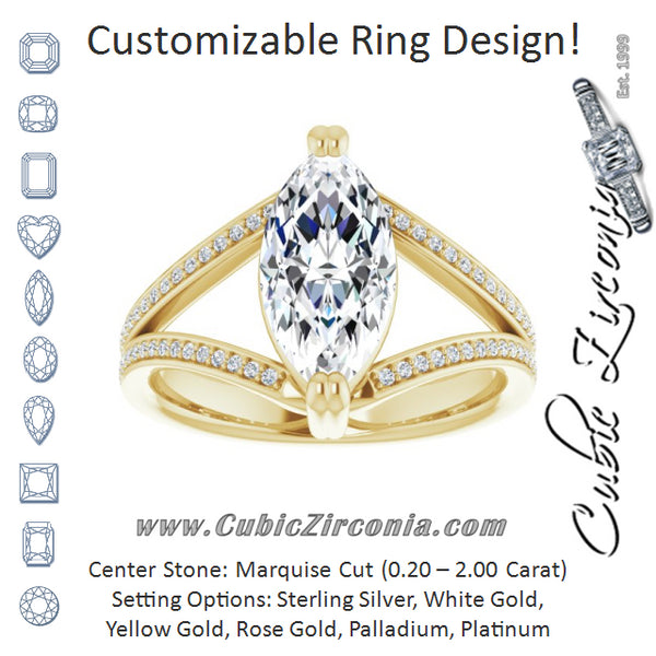 Cubic Zirconia Engagement Ring- The Carlotta (Customizable Marquise Cut Center with 100-stone* "Waterfall" Pavé Split Band)