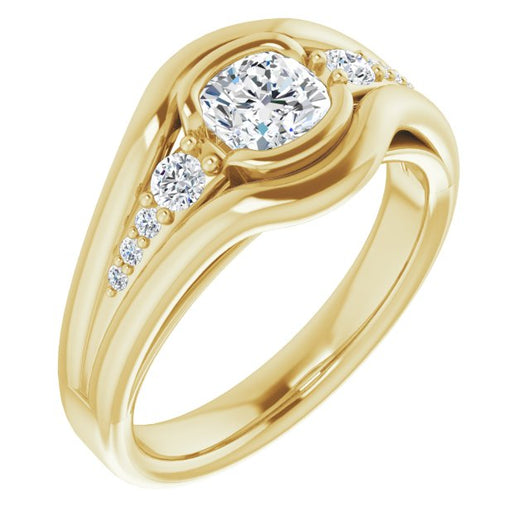 10K Yellow Gold Customizable 9-stone Cushion Cut Design with Bezel Center, Wide Band and Round Prong Side Stones