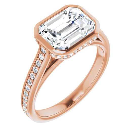 10K Rose Gold Customizable Cathedral-Bezel Emerald/Radiant Cut Design with Under Halo and Shared Prong Band