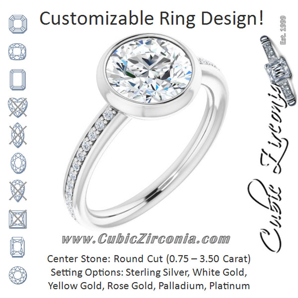 Cubic Zirconia Engagement Ring- The Greta (Customizable Bezel-Set Round Cut Center with Thin Shared Prong Band)