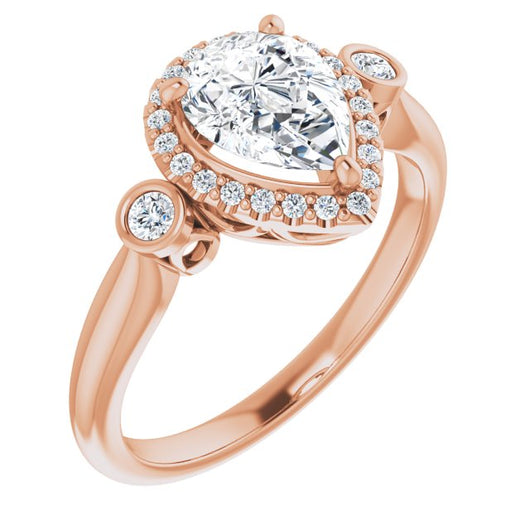 10K Rose Gold Customizable Pear Cut Style with Halo and Twin Round Bezel Accents