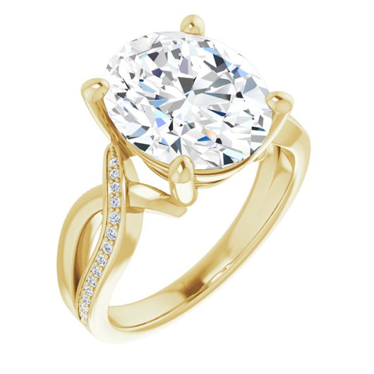 10K Yellow Gold Customizable Oval Cut Center with Curving Split-Band featuring One Shared Prong Leg