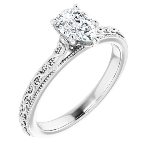 10K White Gold Customizable Pear Cut Solitaire with Delicate Milgrain Filigree Band