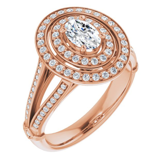 10K Rose Gold Customizable Cathedral-set Oval Cut Design with Double Halo, Wide Split-Shared Prong Band and Side Knuckle Accents