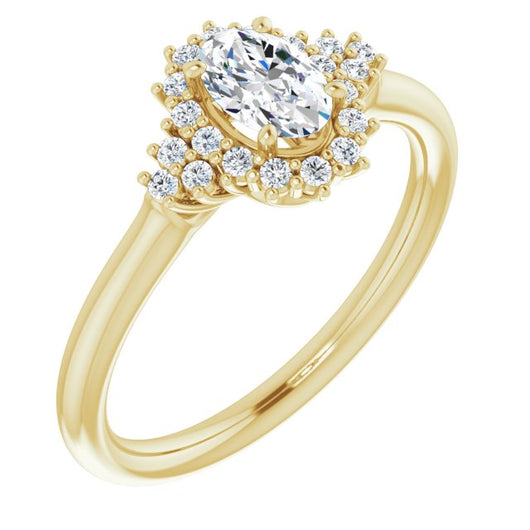 10K Yellow Gold Customizable Oval Cut Cathedral-Halo Design with Tri-Cluster Round Accents