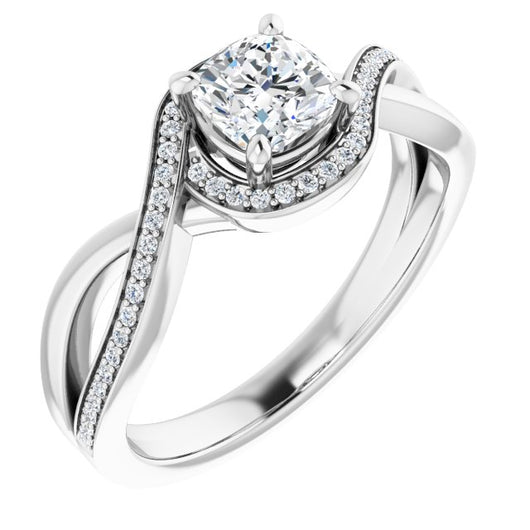 10K White Gold Customizable Bypass-Halo-Accented Cushion Cut Center with Twisting Split Shared Prong Band