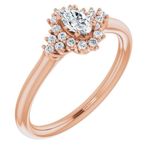 10K Rose Gold Customizable Oval Cut Cathedral-Halo Design with Tri-Cluster Round Accents