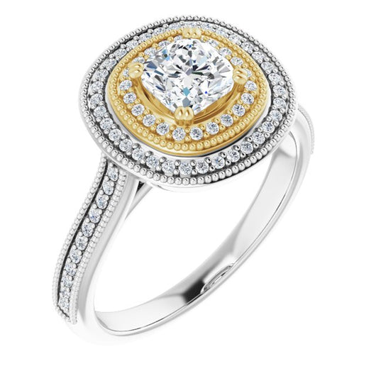 14K White & Yellow Gold Customizable Cushion Cut Design with Elegant Double Halo, Houndstooth Milgrain and Band-Channel Accents