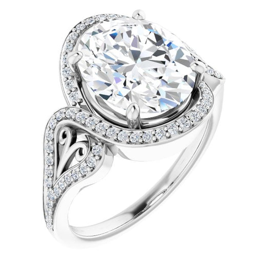 10K White Gold Customizable Oval Cut Design with Bypass Halo and Split-Shared Prong Band