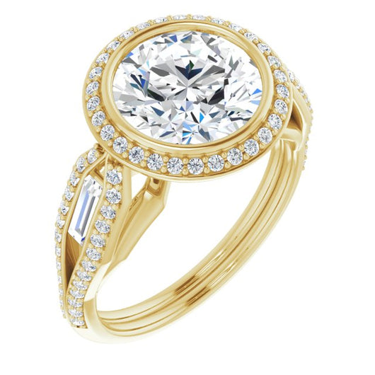 10K Yellow Gold Customizable Cathedral-Bezel Round Cut Design with Halo, Split-Pavé Band & Channel Baguettes