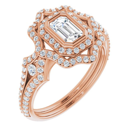 10K Rose Gold Customizable Emerald/Radiant Cut Style with Ultra-wide Pavé Split-Band and Nature-Inspired Double Halo