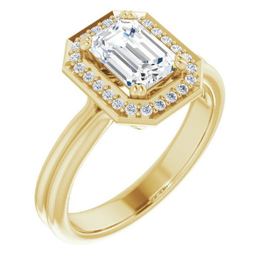 10K Yellow Gold Customizable Emerald/Radiant Cut Style with Scooped Halo and Grooved Band