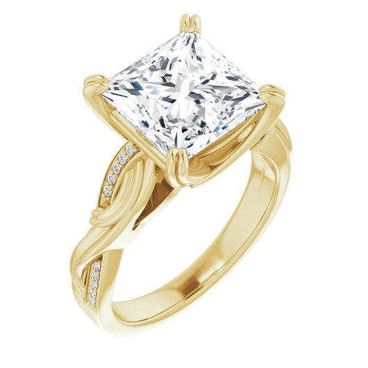 10K Yellow Gold Customizable Cathedral-raised Princess/Square Cut Design featuring Rope-Braided Half-Pavé Band