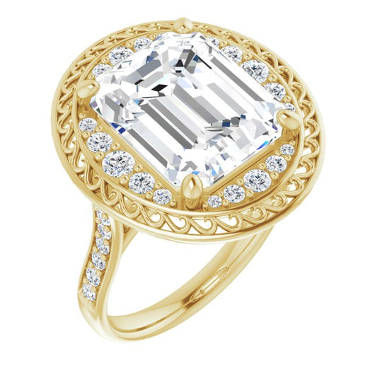 10K Yellow Gold Customizable Cathedral-style Emerald/Radiant Cut featuring Cluster Accented Filigree Setting & Shared Prong Band