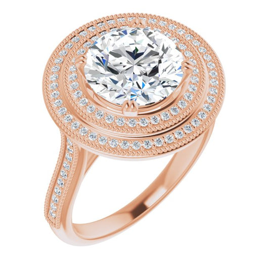 10K Rose Gold Customizable Round Cut Design with Elegant Double Halo, Houndstooth Milgrain and Band-Channel Accents