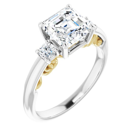 14K White & Yellow Gold Customizable Asscher Cut 3-stone Style featuring Heart-Motif Band Enhancement