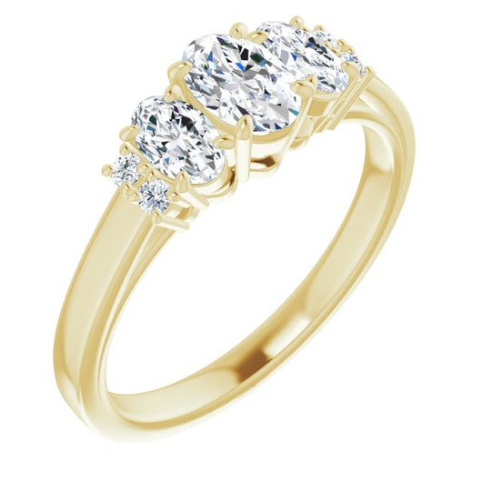 10K Yellow Gold Customizable Triple Oval Cut Design with Quad Vertical-Oriented Round Accents