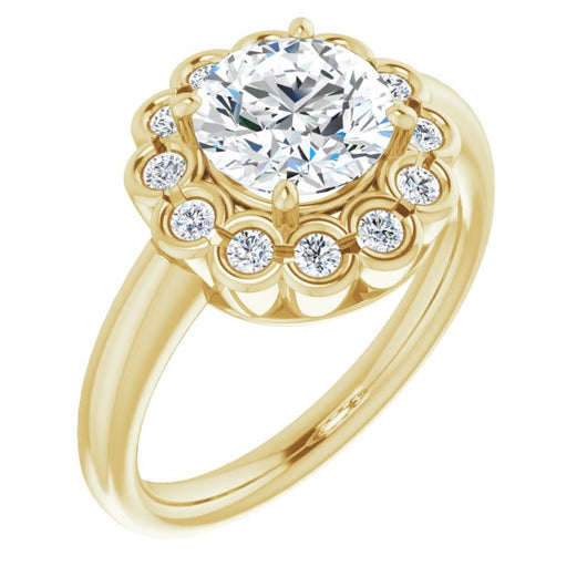 10K Yellow Gold Customizable 13-stone Round Cut Design with Floral-Halo Round Bezel Accents