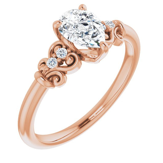 10K Rose Gold Customizable Vintage 5-stone Design with Pear Cut Center and Artistic Band Décor