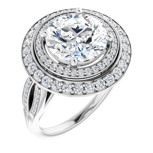 10K White Gold Customizable Cathedral-style Round Cut Design with Double Halo & Split-Pavé Band