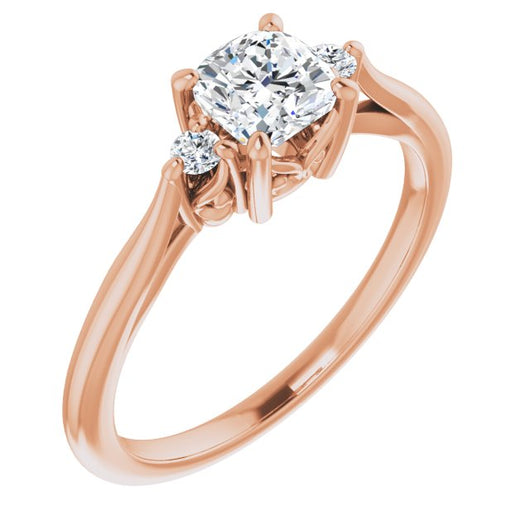 10K Rose Gold Customizable Three-stone Cushion Cut Design with Small Round Accents and Vintage Trellis/Basket