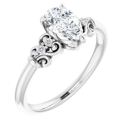 10K White Gold Customizable Vintage 5-stone Design with Pear Cut Center and Artistic Band Décor