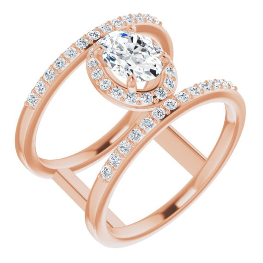 10K Rose Gold Customizable Oval Cut Halo Design with Open, Ultrawide Harness Double Pavé Band