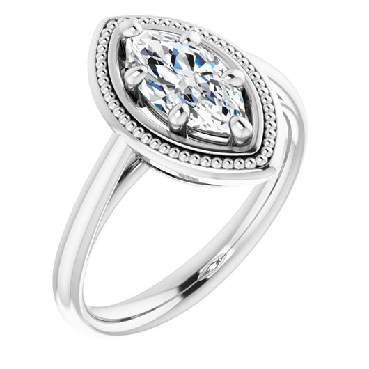 10K White Gold Customizable Marquise Cut Solitaire with Metallic Drops Halo Lookalike