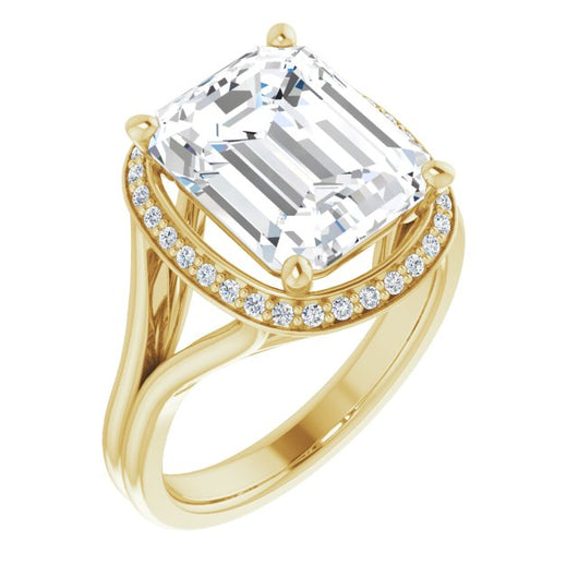 10K Yellow Gold Customizable Cathedral-set Emerald/Radiant Cut Design with Split-band & Halo Accents