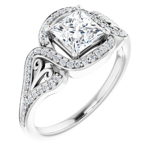 10K White Gold Customizable Princess/Square Cut Design with Bypass Halo and Split-Shared Prong Band