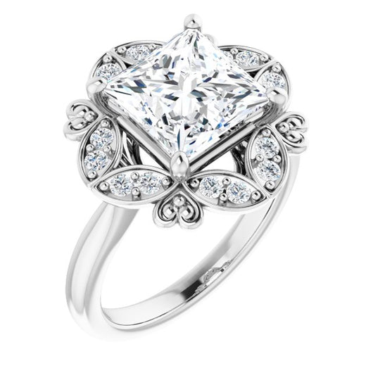 10K White Gold Customizable Princess/Square Cut Design with Floral Segmented Halo & Sculptural Basket