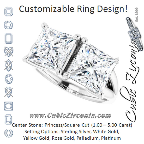 Cubic Zirconia Engagement Ring- The Janice (Customizable Two-Stone Princess/Square Cut with Split Band)