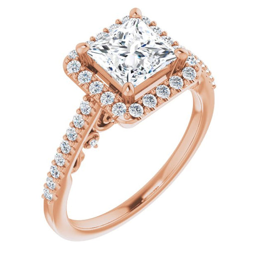 10K Rose Gold Customizable Cathedral-Halo Princess/Square Cut Design with Carved Metal Accent plus Pavé Band