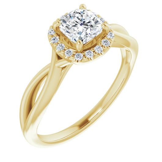 10K Yellow Gold Customizable Cathedral-Halo Cushion Cut Design with Twisting Split Band