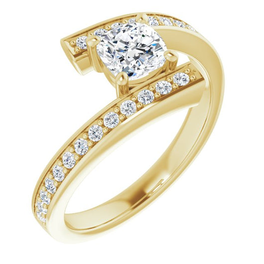 10K Yellow Gold Customizable Faux-Bar-set Cushion Cut Design with Accented Bypass Band