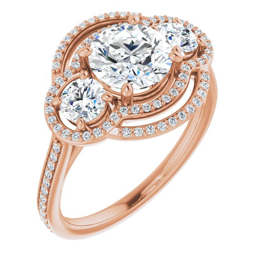 10K Rose Gold Customizable Enhanced 3-stone Double-Halo Style with Round Cut Center and Thin Band