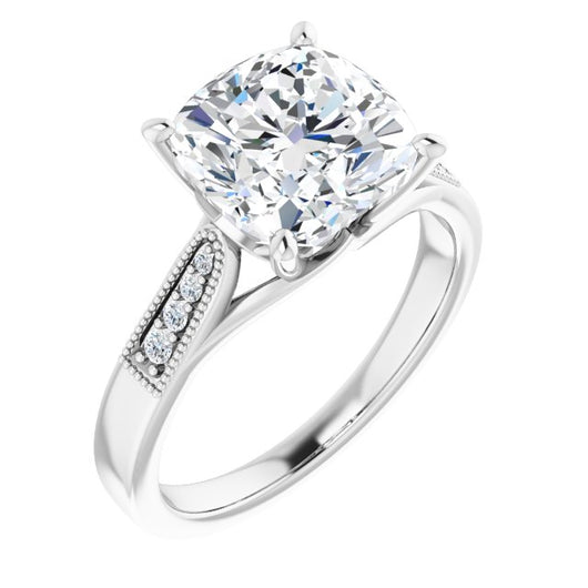 10K White Gold Customizable 9-stone Vintage Design with Cushion Cut Center and Round Band Accents