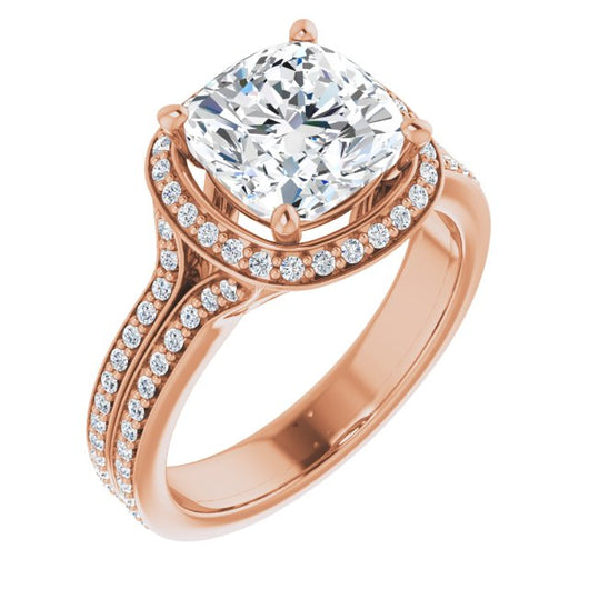 10K Rose Gold Customizable Cathedral-raised Cushion Cut Setting with Halo and Shared Prong Band