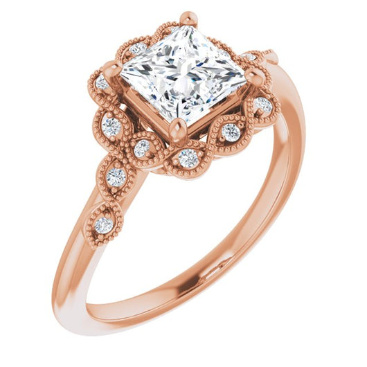 10K Rose Gold Customizable 3-stone Design with Princess/Square Cut Center and Halo Enhancement