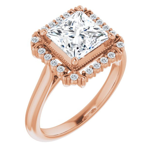 10K Rose Gold Customizable Princess/Square Cut Design with Majestic Crown Halo and Raised Illusion Setting