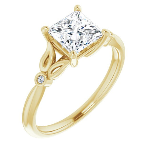 10K Yellow Gold Customizable 3-stone Princess/Square Cut Design with Thin Band and Twin Round Bezel Side Stones