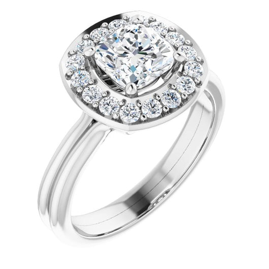 10K White Gold Customizable Cluster-Halo Accented Cushion Cut Style with Tapered Dual Band