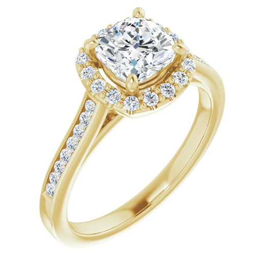 10K Yellow Gold Customizable Cushion Cut Design with Halo, Round Channel Band and Floating Peekaboo Accents