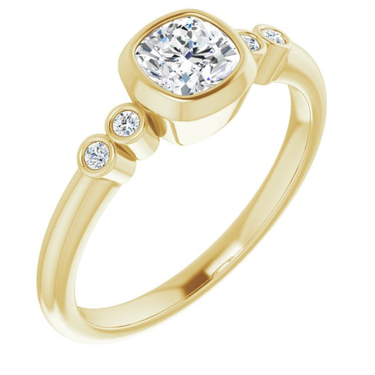 10K Yellow Gold Customizable 5-stone Bezel-set Cushion Cut Design with Quad Round-Bezel Side Stones