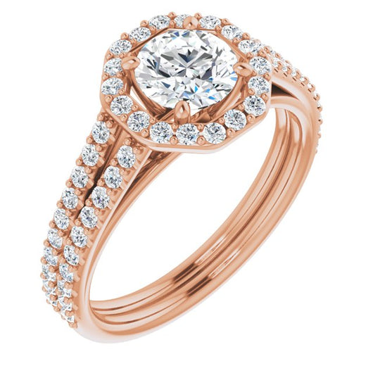 10K Rose Gold Customizable Cathedral Round Cut Design with Geometric Halo & Split Pavé Band