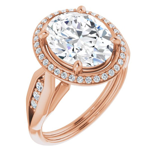 10K Rose Gold Customizable Cathedral-raised Oval Cut Design with Halo and Tri-Cluster Band Accents