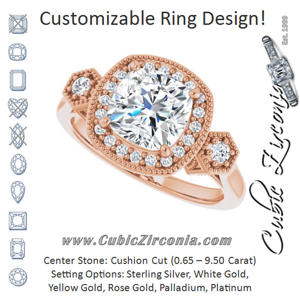 Cubic Zirconia Engagement Ring- The Pacifica (Customizable Cathedral Cushion Cut Design with Halo and Delicate Milgrain)