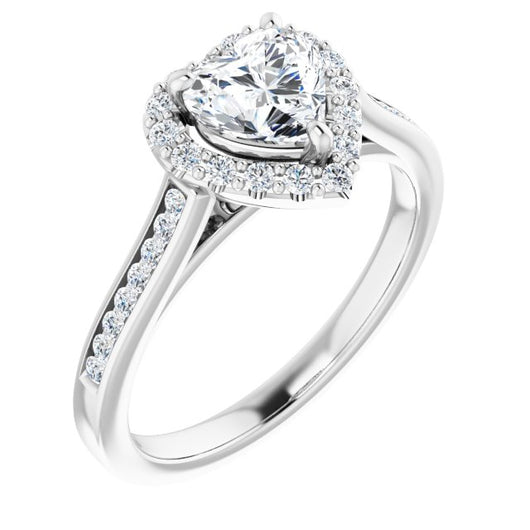 10K White Gold Customizable Heart Cut Design with Halo, Round Channel Band and Floating Peekaboo Accents