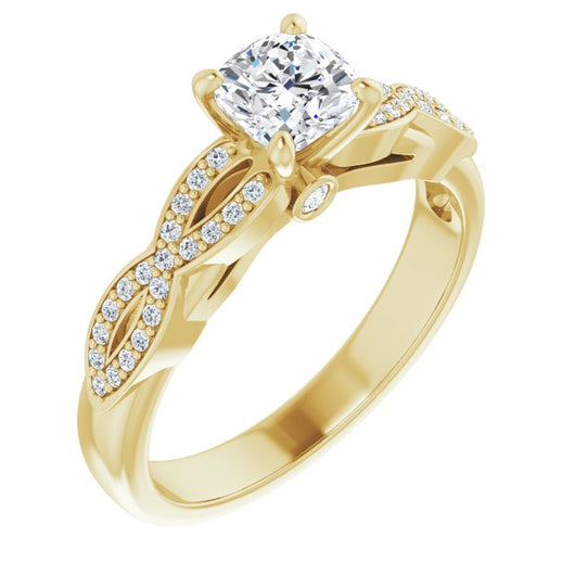 10K Yellow Gold Customizable Cushion Cut Design featuring Infinity Pavé Band and Round-Bezel Peekaboos